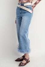 Fur Bottom Hem Washed Stretch Denim Pants