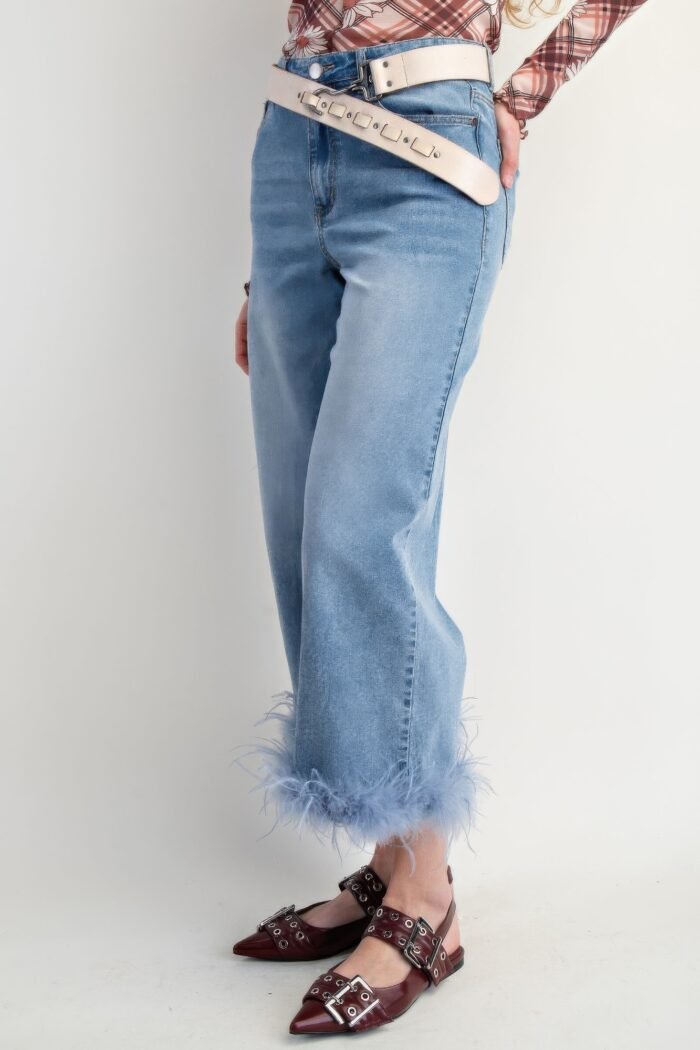 Fur bottom hem washed stretch denim pants - image 3