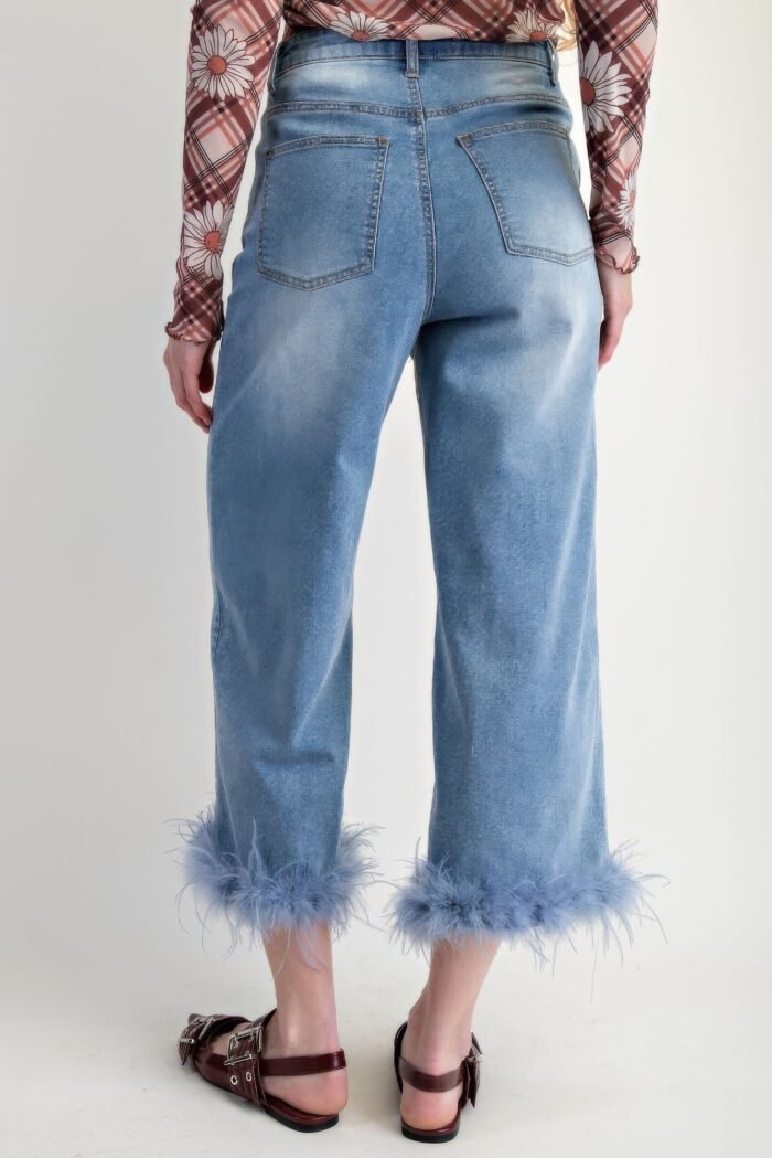 Fur bottom hem washed stretch denim pants - image 5