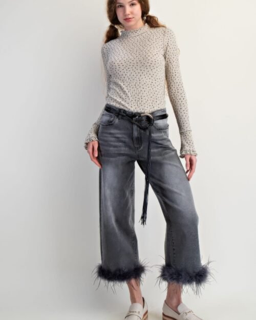 fur bottom hem washed stretch denim pants