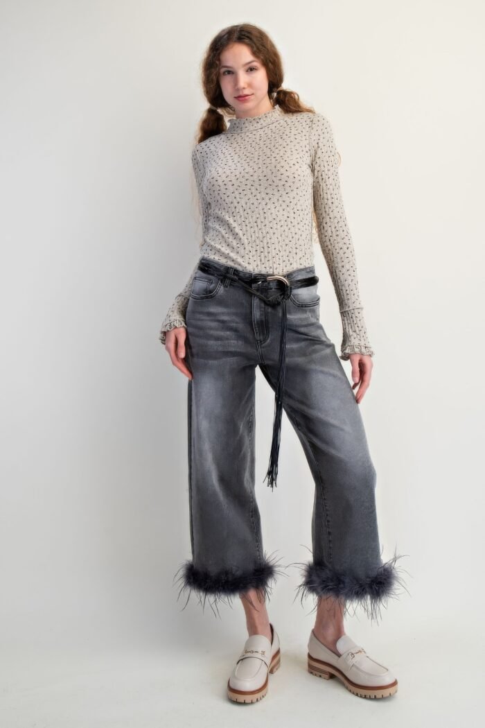 Fur bottom hem washed stretch denim pants - image 7