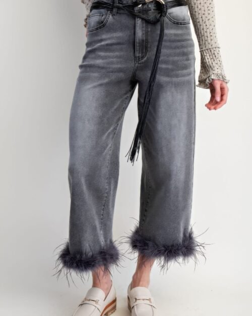 fur bottom hem washed stretch denim pants