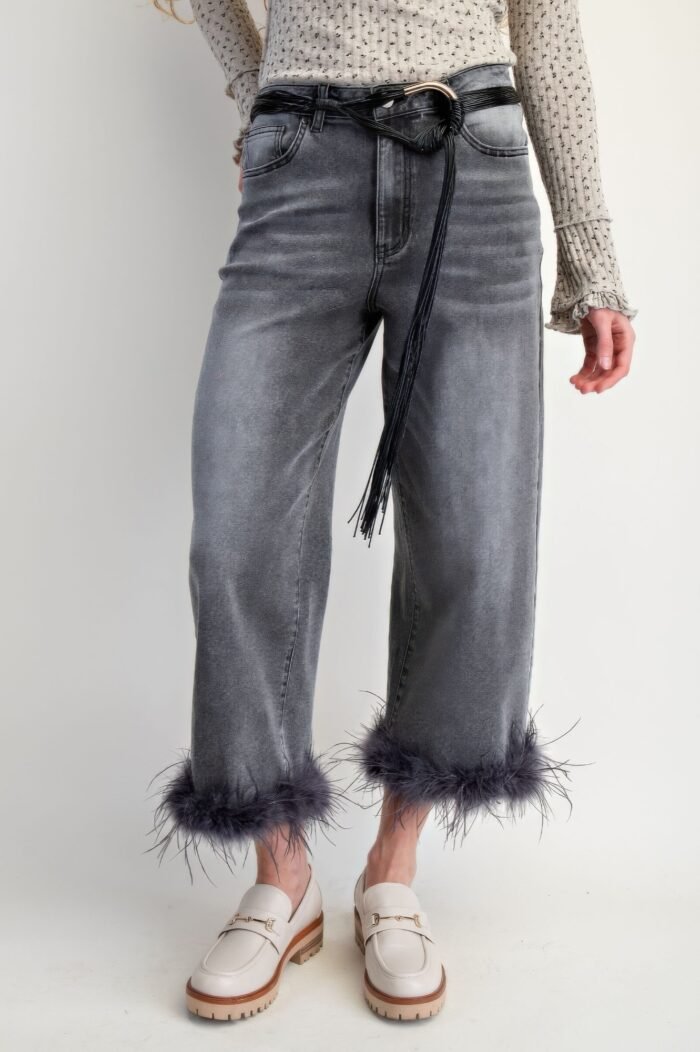 Fur bottom hem washed stretch denim pants - image 8