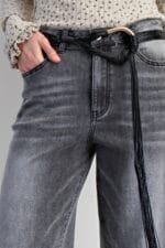 Fur Bottom Hem Washed Stretch Denim Pants