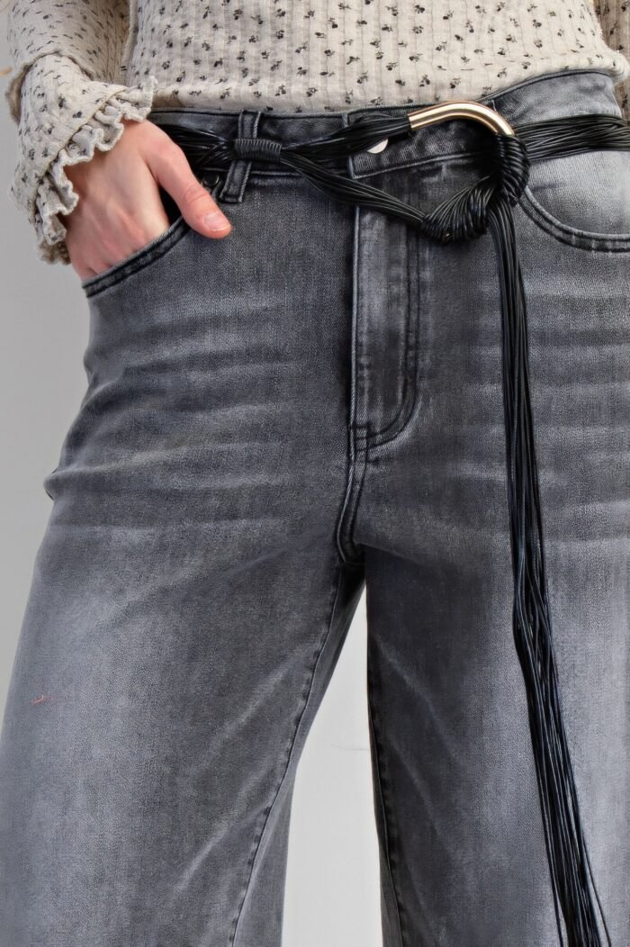 Fur bottom hem washed stretch denim pants - image 9