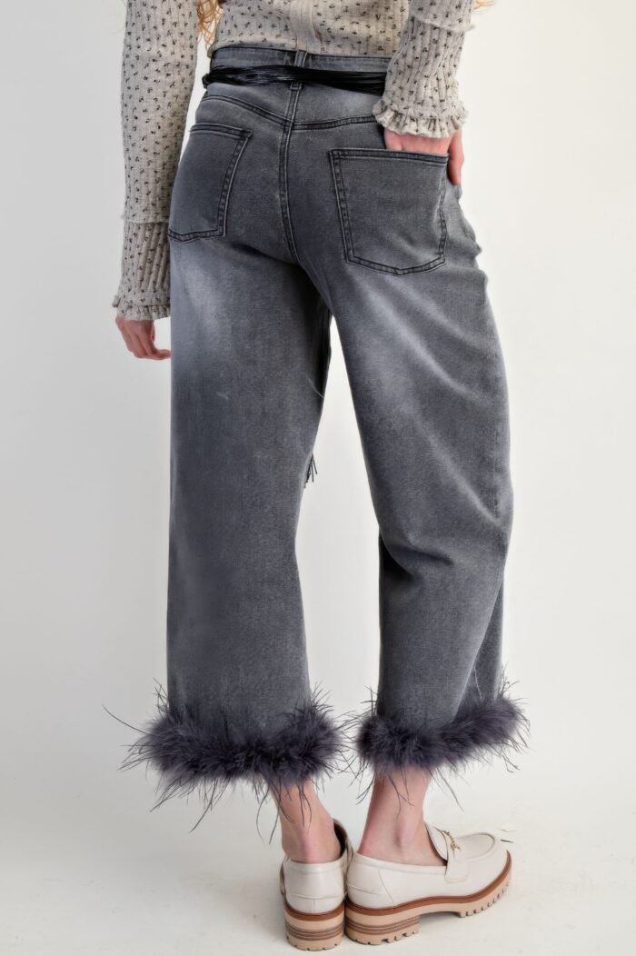 Fur bottom hem washed stretch denim pants - image 10