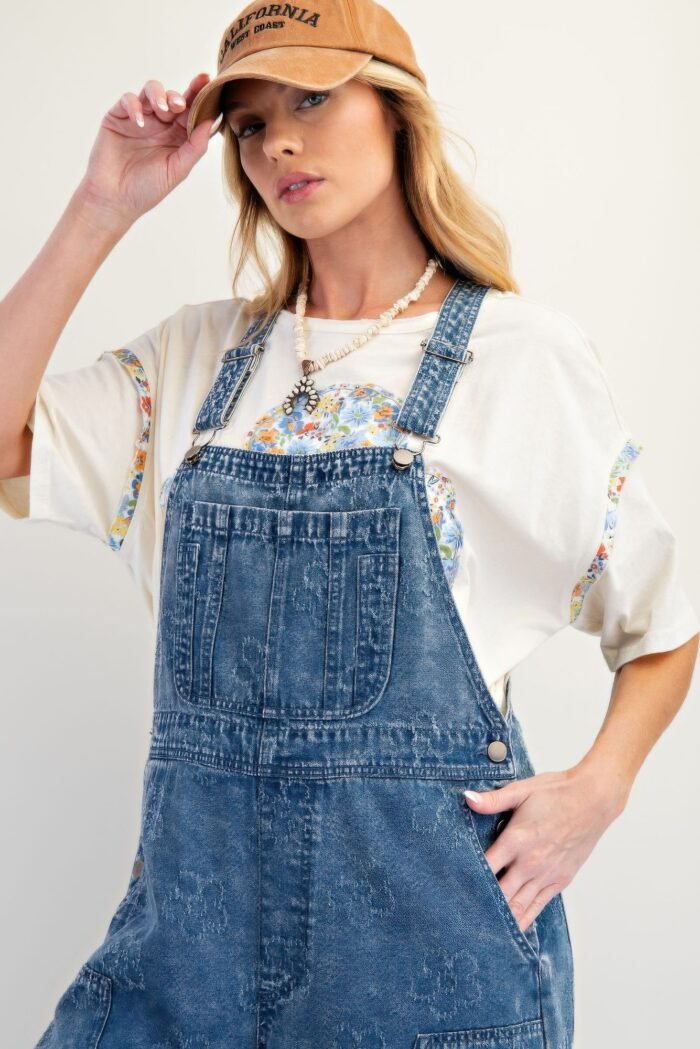 Flower pattern washed twill overalls - image 4