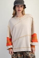 Color Mix Embroidered Washed Pullover