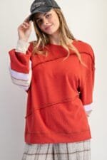 Color Mix Embroidered Washed Pullover