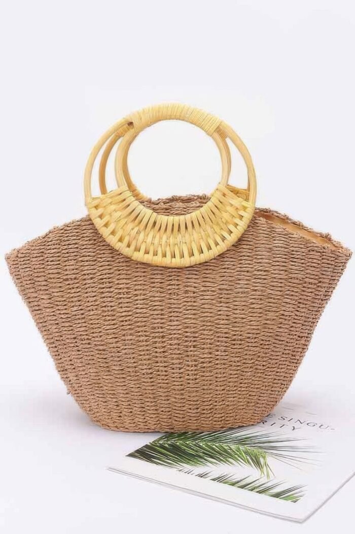 Faux straw bamboo handle tote bag - image 1
