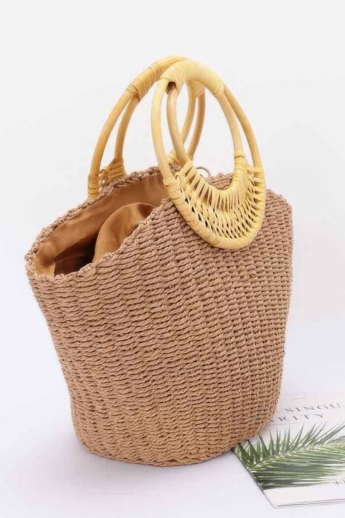 Faux straw bamboo handle tote bag - image 2