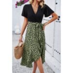 Cross Color Block Lace V Neck Belt Print Dress - Image 2