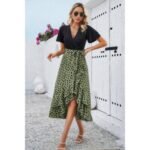 Cross Color Block Lace V Neck Belt Print Dress - Image 3