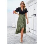 Cross Color Block Lace V Neck Belt Print Dress - Image 4