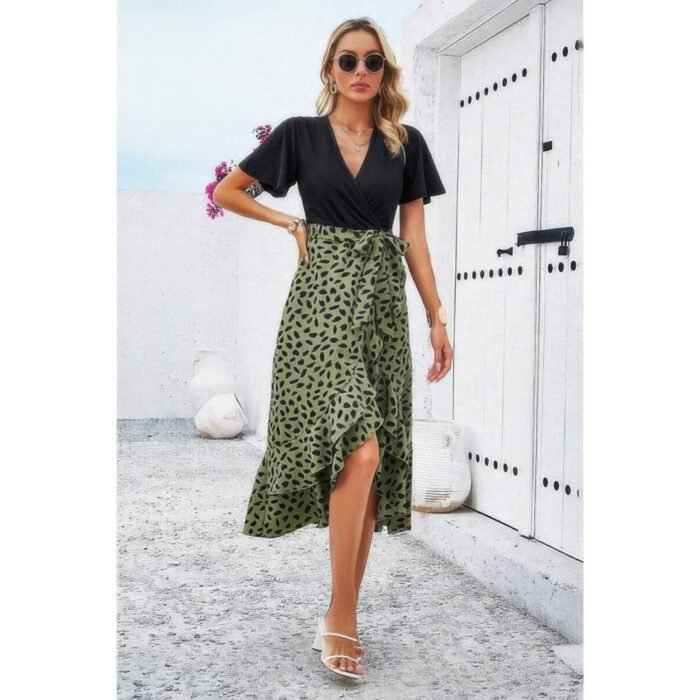 Cross color block lace v neck belt print dress - image 4