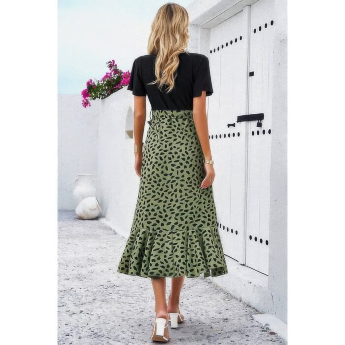 Cross color block lace v neck belt print dress - image 5
