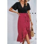 Cross Color Block Lace V Neck Belt Print Dress - Image 6
