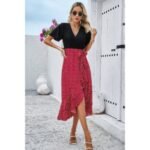 Cross Color Block Lace V Neck Belt Print Dress - Image 8