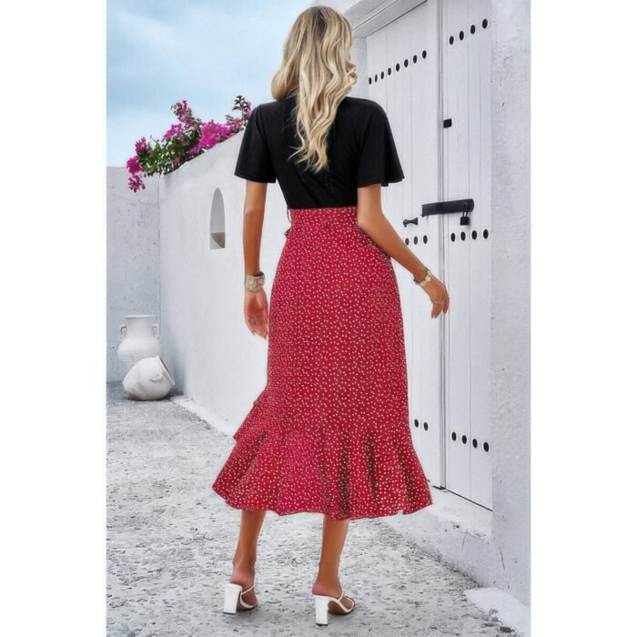 Cross color block lace v neck belt print dress - image 9