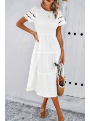 Lace Round Neck Ruched Fit Ruffle Solid Dress