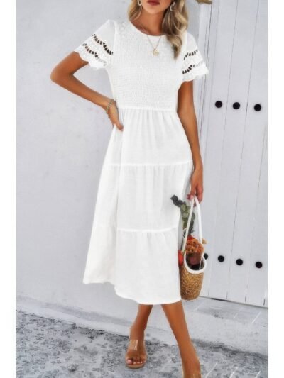 Lace Round Neck Ruched Fit Ruffle Solid Dress