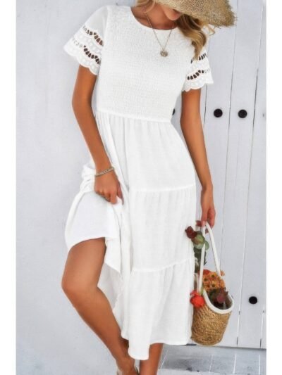 Lace Round Neck Ruched Fit Ruffle Solid Dress Lace Round Neck Ruched Fit Ruffle Solid Dress