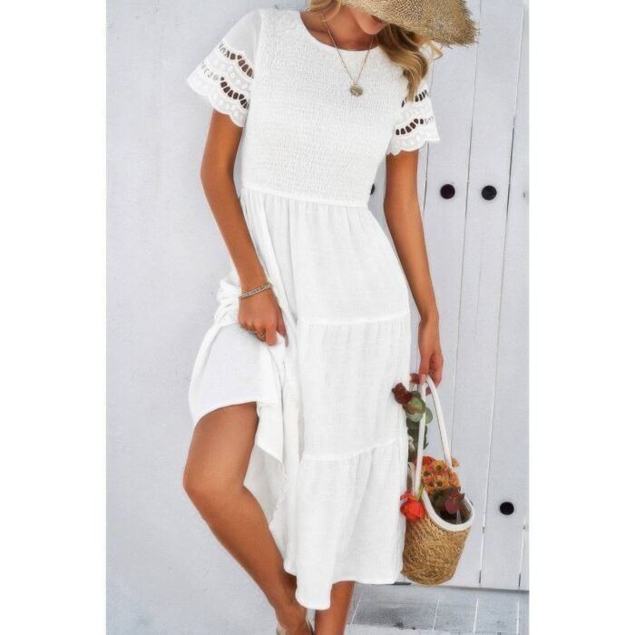 Lace round neck ruched fit ruffle solid dress - image 2