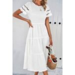 Lace Round Neck Ruched Fit Ruffle Solid Dress - Image 3