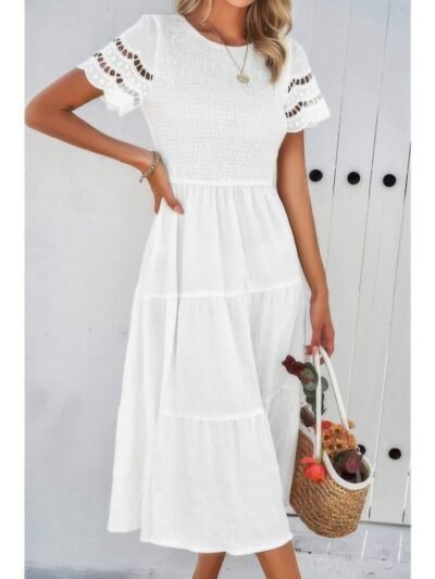 Lace Round Neck Ruched Fit Ruffle Solid Dress Lace Round Neck Ruched Fit Ruffle Solid Dress
