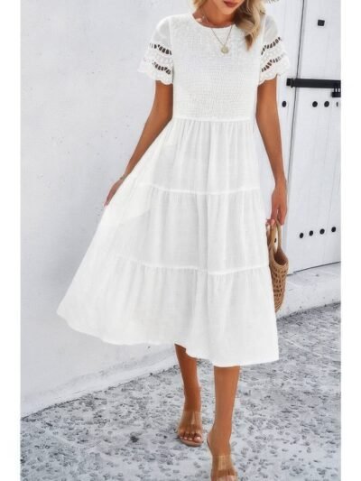 Lace Round Neck Ruched Fit Ruffle Solid Dress Lace Round Neck Ruched Fit Ruffle Solid Dress