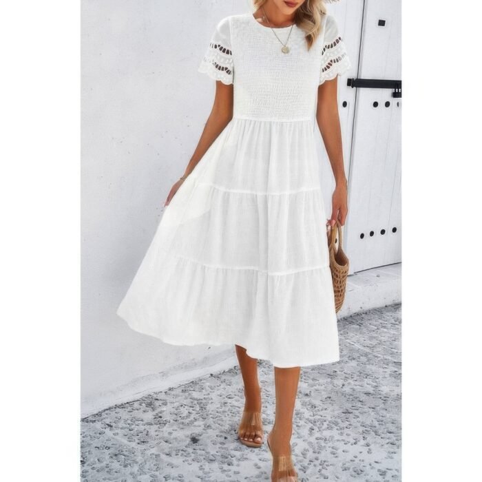 Lace round neck ruched fit ruffle solid dress - image 4