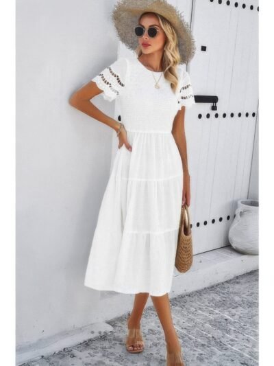 Lace Round Neck Ruched Fit Ruffle Solid Dress Lace Round Neck Ruched Fit Ruffle Solid Dress