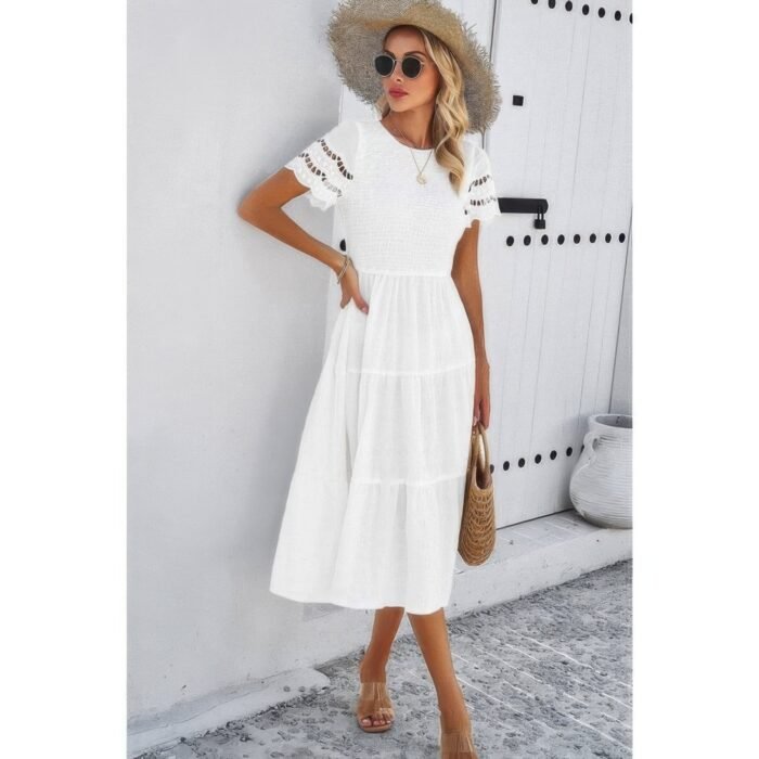 Lace round neck ruched fit ruffle solid dress - image 5