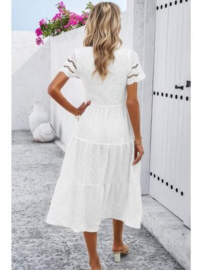 Lace Round Neck Ruched Fit Ruffle Solid Dress Lace Round Neck Ruched Fit Ruffle Solid Dress