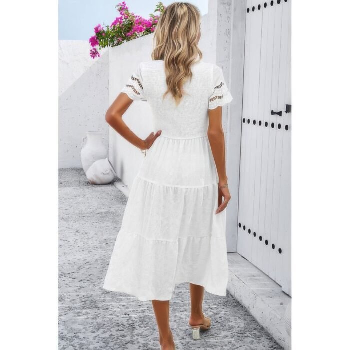 Lace round neck ruched fit ruffle solid dress - image 6