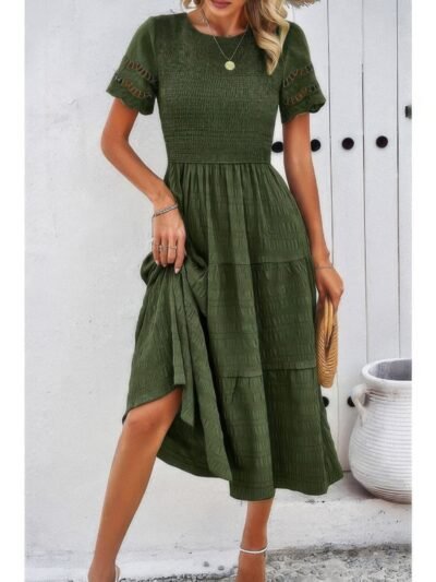 Lace Round Neck Ruched Fit Ruffle Solid Dress Lace Round Neck Ruched Fit Ruffle Solid Dress