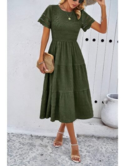 Lace Round Neck Ruched Fit Ruffle Solid Dress Lace Round Neck Ruched Fit Ruffle Solid Dress