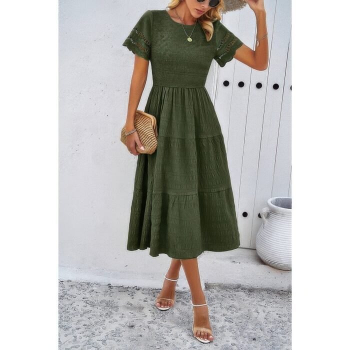 Lace round neck ruched fit ruffle solid dress - image 8