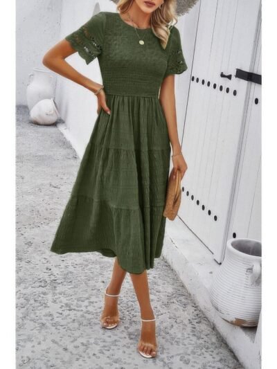 Lace Round Neck Ruched Fit Ruffle Solid Dress Lace Round Neck Ruched Fit Ruffle Solid Dress