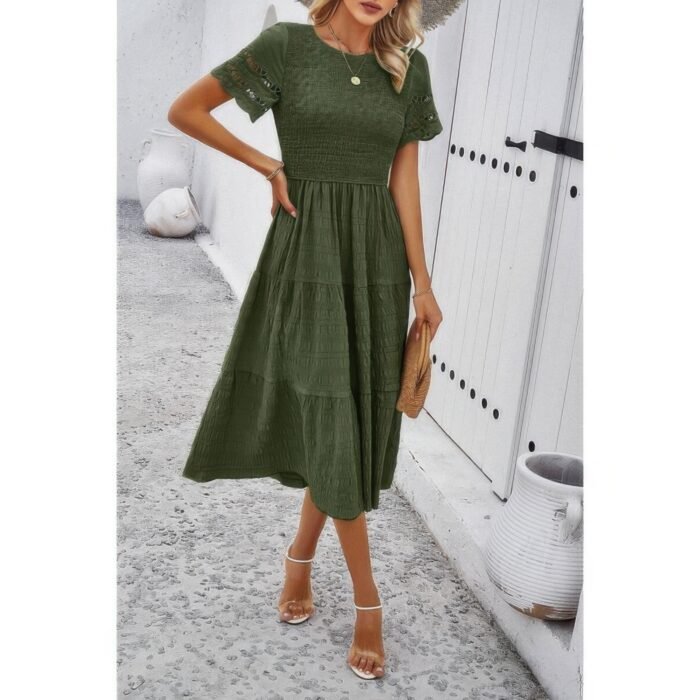 Lace round neck ruched fit ruffle solid dress - image 9