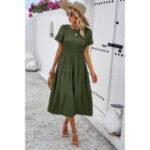 Lace Round Neck Ruched Fit Ruffle Solid Dress - Image 10
