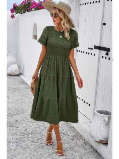 Lace Round Neck Ruched Fit Ruffle Solid Dress Lace Round Neck Ruched Fit Ruffle Solid Dress