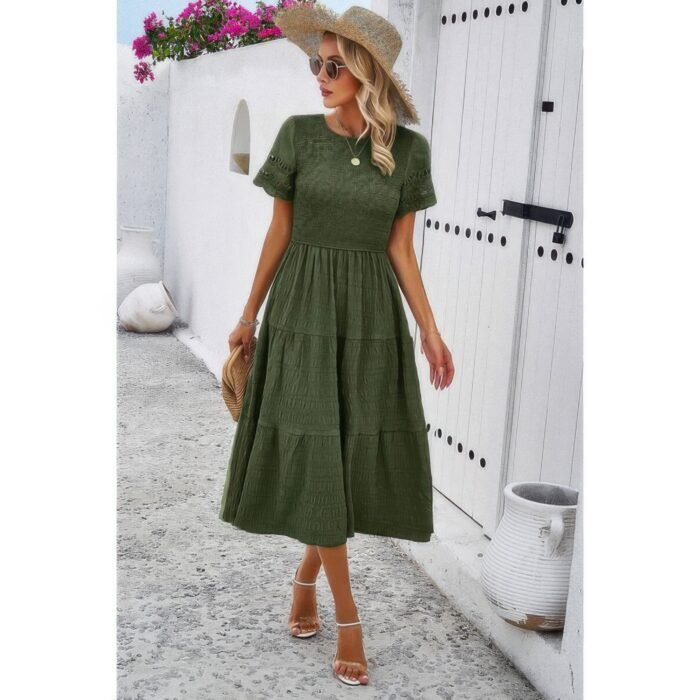 Lace round neck ruched fit ruffle solid dress - image 10