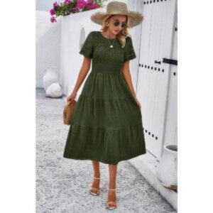 Lace Round Neck Ruched Fit Ruffle Solid Dress