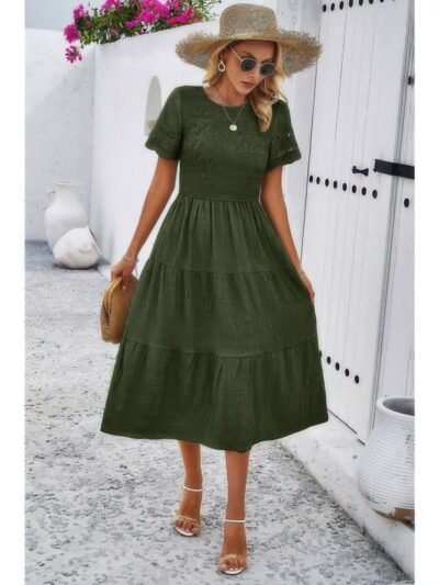 Lace Round Neck Ruched Fit Ruffle Solid Dress Lace Round Neck Ruched Fit Ruffle Solid Dress