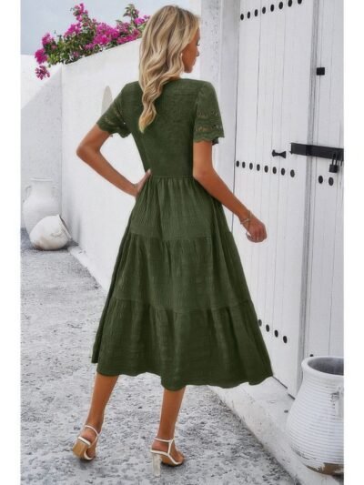 Lace Round Neck Ruched Fit Ruffle Solid Dress Lace Round Neck Ruched Fit Ruffle Solid Dress