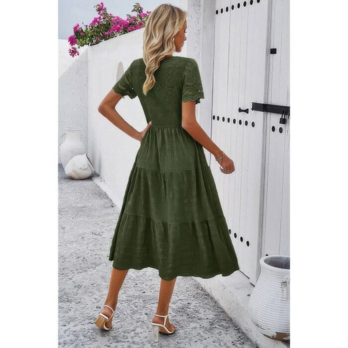 Lace round neck ruched fit ruffle solid dress - image 12