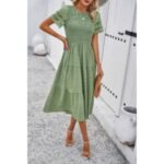 Lace Round Neck Ruched Fit Ruffle Solid Dress - Image 13