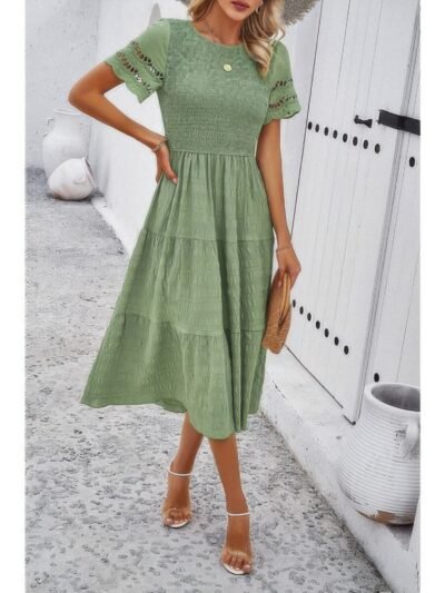 Lace Round Neck Ruched Fit Ruffle Solid Dress Lace Round Neck Ruched Fit Ruffle Solid Dress