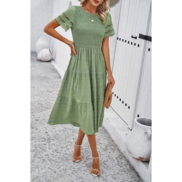 Lace round neck ruched fit ruffle solid dress - image 13